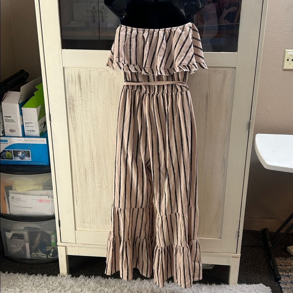 Umgee Beige and Black Striped Strapless Romper - Picture 6 of 8